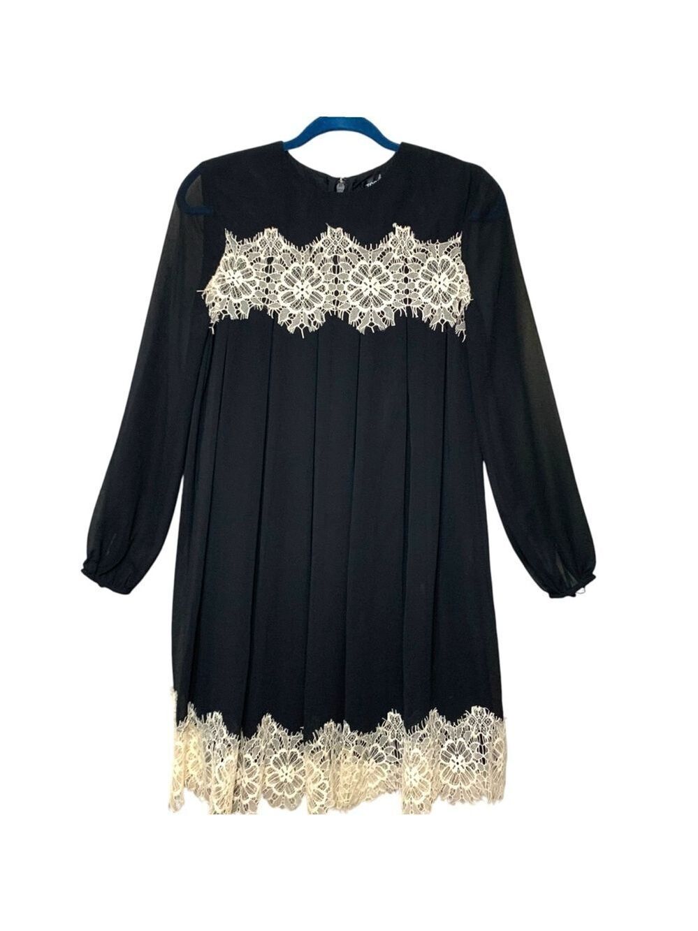 Topshop Black Chiffon Lace Dress Sz 2 Sheer Long Sleeve Feminine Romantic - Picture 2 of 14